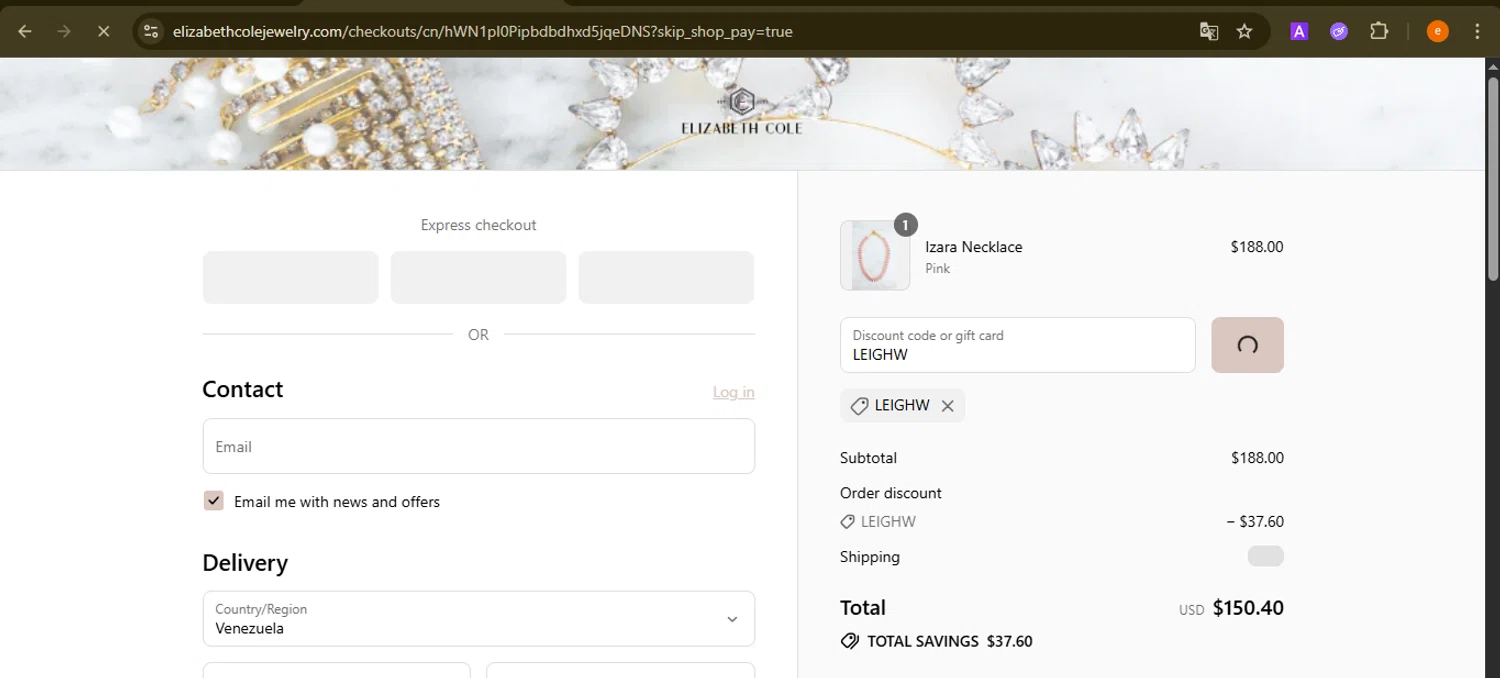 Elizabeth Cole Jewelry promo code screenshot showing code LEIGHW applied at Elizabeth Cole Jewelry checkout page. Uploaded by SimplyCodes community member NobleElite1598 on Aug 15, 2025