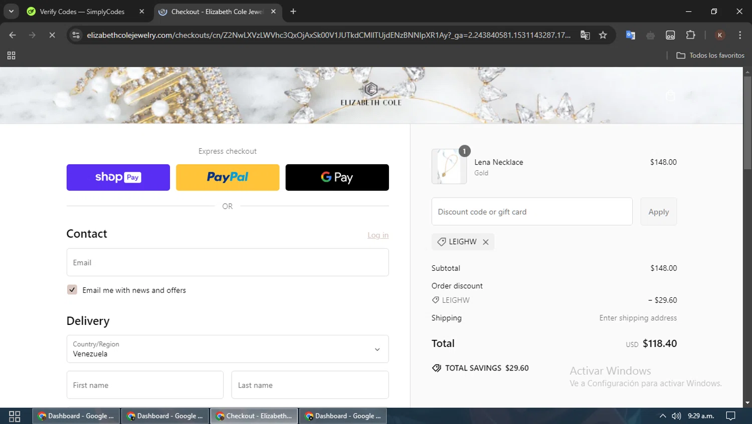 Elizabeth Cole Jewelry promo code screenshot showing code LEIGHW applied at Elizabeth Cole Jewelry checkout page. Uploaded by SimplyCodes community member MoneyPioneer4925 on Feb 15, 2025