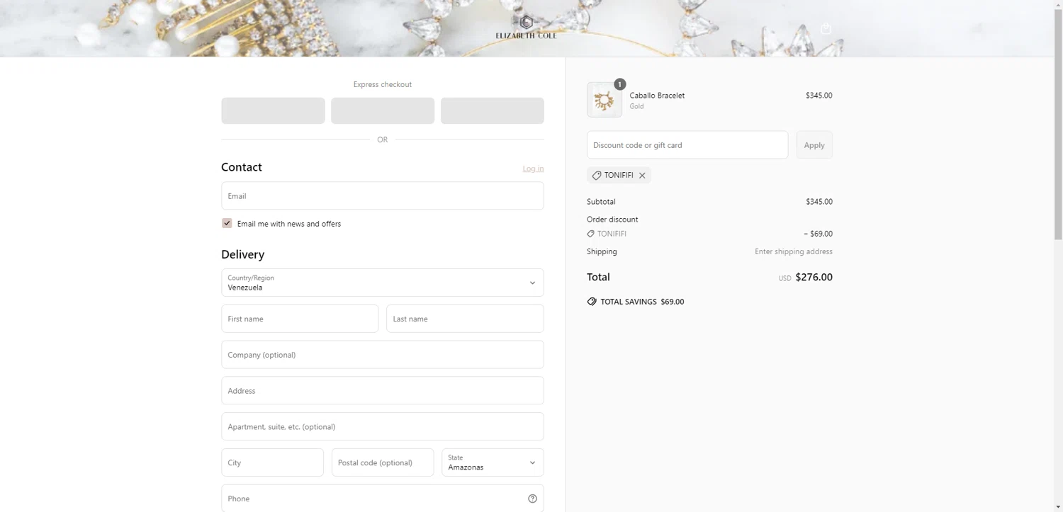 Elizabeth Cole Jewelry promo code screenshot showing code TONIFIFI applied at Elizabeth Cole Jewelry checkout page. Uploaded by SimplyCodes community member DiscountWarden480 on Jun 14, 2025