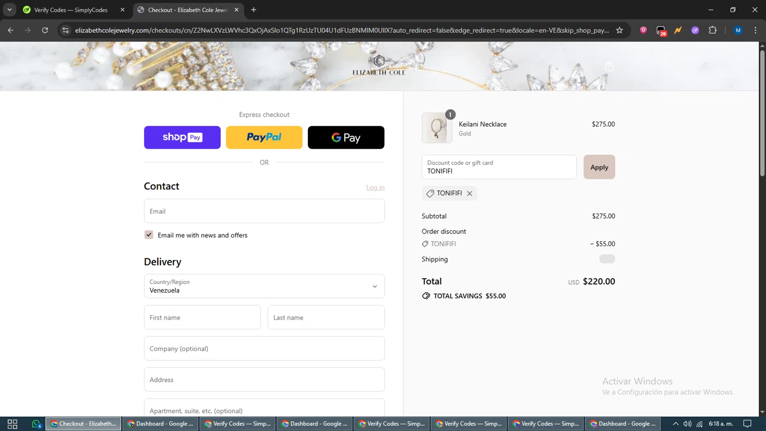 Elizabeth Cole Jewelry promo code screenshot showing code TONIFIFI applied at Elizabeth Cole Jewelry checkout page. Uploaded by SimplyCodes community member EpicVoyager2820 on Jul 2, 2025