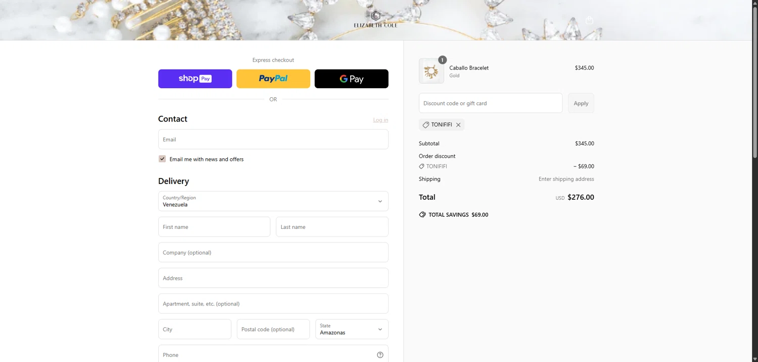 Elizabeth Cole Jewelry promo code screenshot showing code TONIFIFI applied at Elizabeth Cole Jewelry checkout page. Uploaded by SimplyCodes community member TokenNavigator3088 on Jun 14, 2025