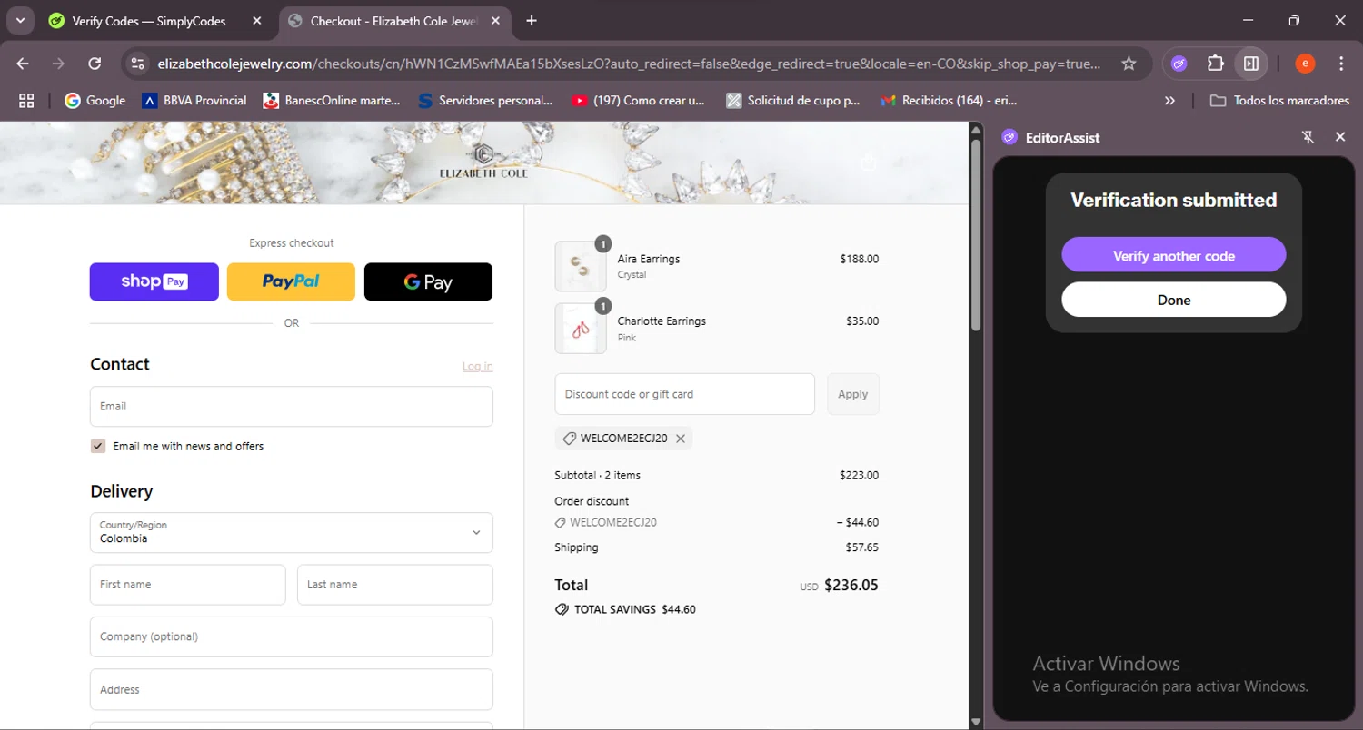 Elizabeth Cole Jewelry promo code screenshot showing code WELCOME2ECJ20 applied at Elizabeth Cole Jewelry checkout page. Uploaded by SimplyCodes community member BrilliantSleuth7740 on Jul 30, 2025
