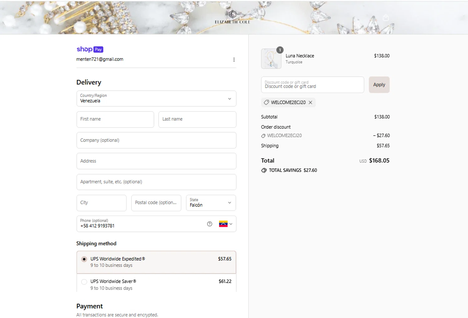 Elizabeth Cole Jewelry promo code screenshot showing code WELCOME2ECJ20 applied at Elizabeth Cole Jewelry checkout page. Uploaded by SimplyCodes community member Kaylaytone on Jul 13, 2025