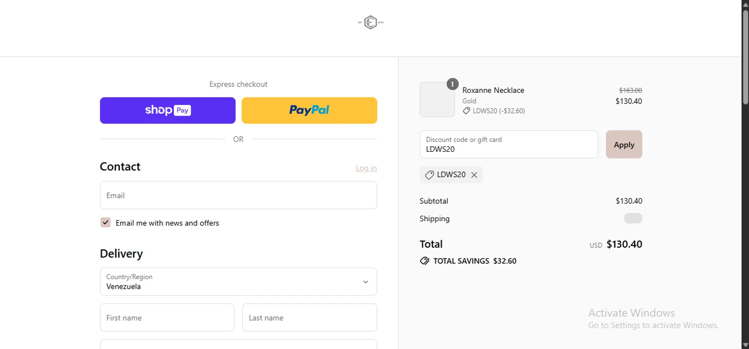 Elizabeth Cole Jewelry promo code screenshot showing code LDWS20 applied at Elizabeth Cole Jewelry checkout page. Uploaded by SimplyCodes community member anosesmith on Aug 26, 2025