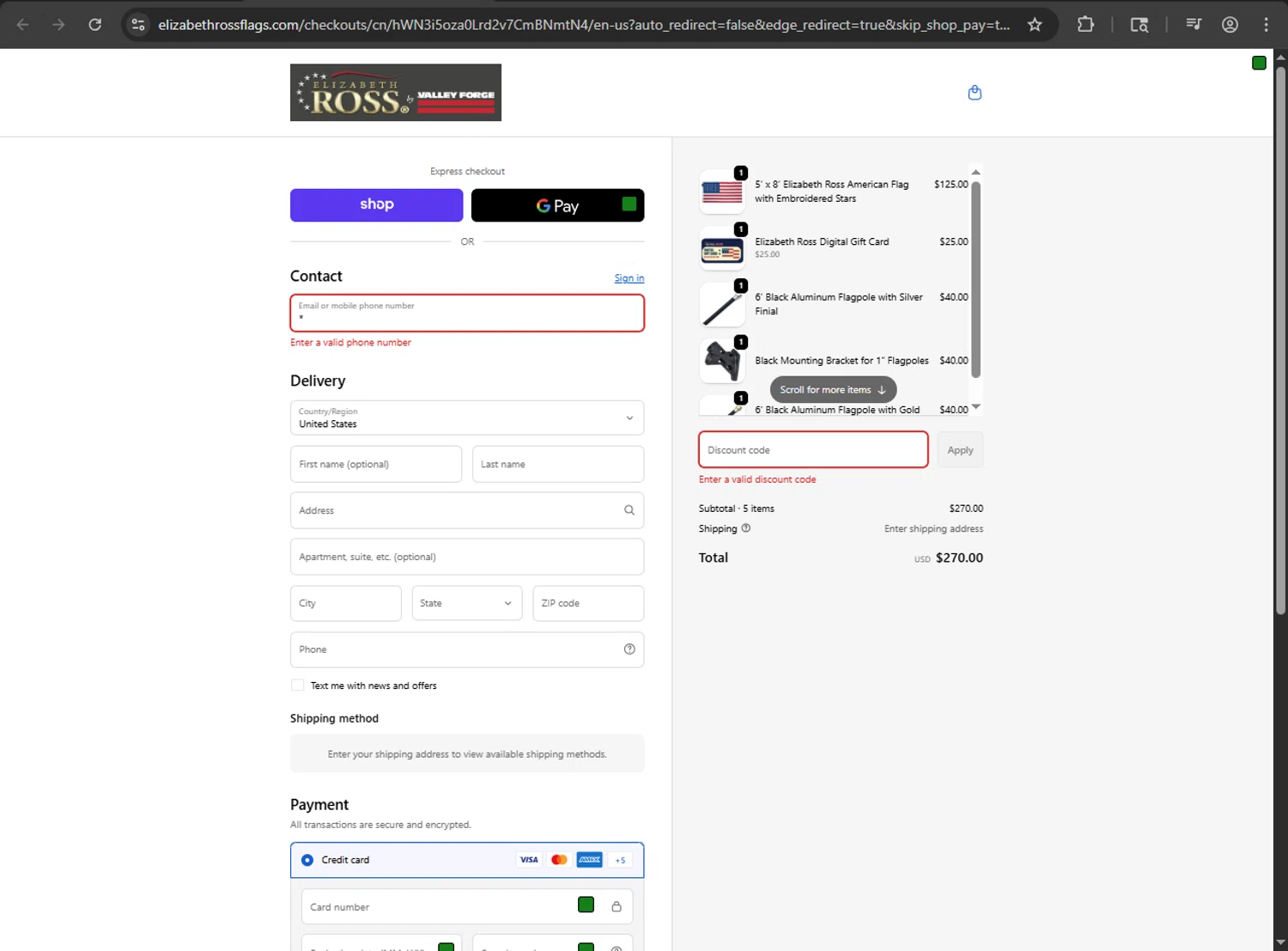 Elizabeth Ross Flags promo code screenshot showing code WELCOME10 applied at Elizabeth Ross Flags checkout page. Uploaded by SimplyCodes community member JakePerrox on Oct 4, 2025