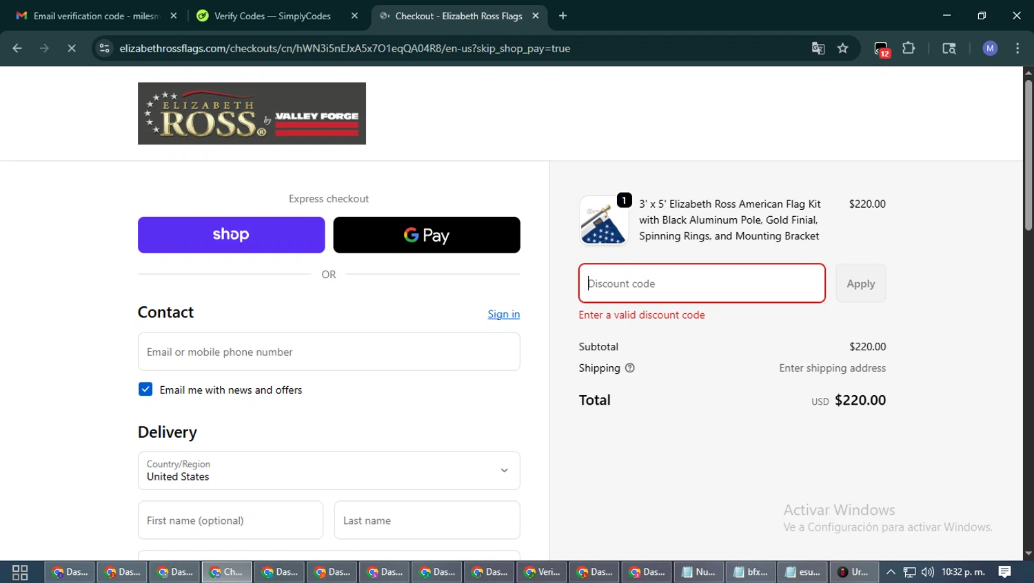 Elizabeth Ross Flags promo code screenshot showing code WELCOME10 applied at Elizabeth Ross Flags checkout page. Uploaded by SimplyCodes community member PrimeFox5260 on Oct 4, 2025