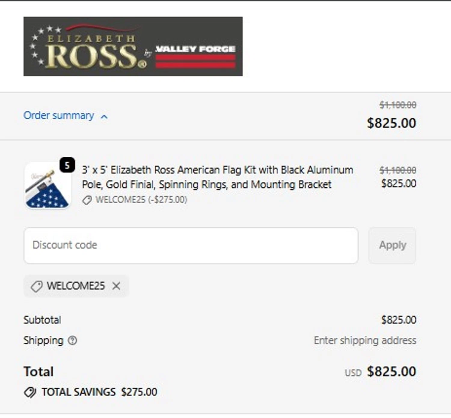 Elizabeth Ross Flags promo code screenshot showing code WELCOME25 applied at Elizabeth Ross Flags checkout page. Uploaded by SimplyCodes community member MariaRoma on Dec 24, 2025