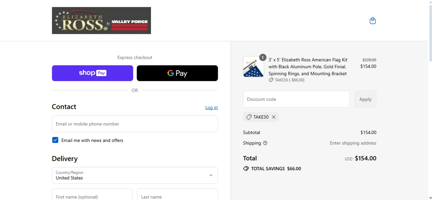 Elizabeth Ross Flags promo code screenshot showing code TAKE30 applied at Elizabeth Ross Flags checkout page. Uploaded by SimplyCodes community member Nubelinda on Aug 18, 2025