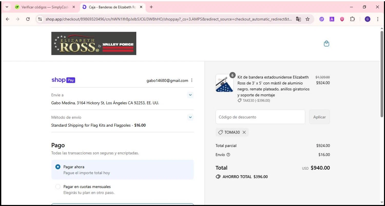 Elizabeth Ross Flags promo code screenshot showing code TAKE30 applied at Elizabeth Ross Flags checkout page. Uploaded by SimplyCodes community member jesus4 on Aug 13, 2025