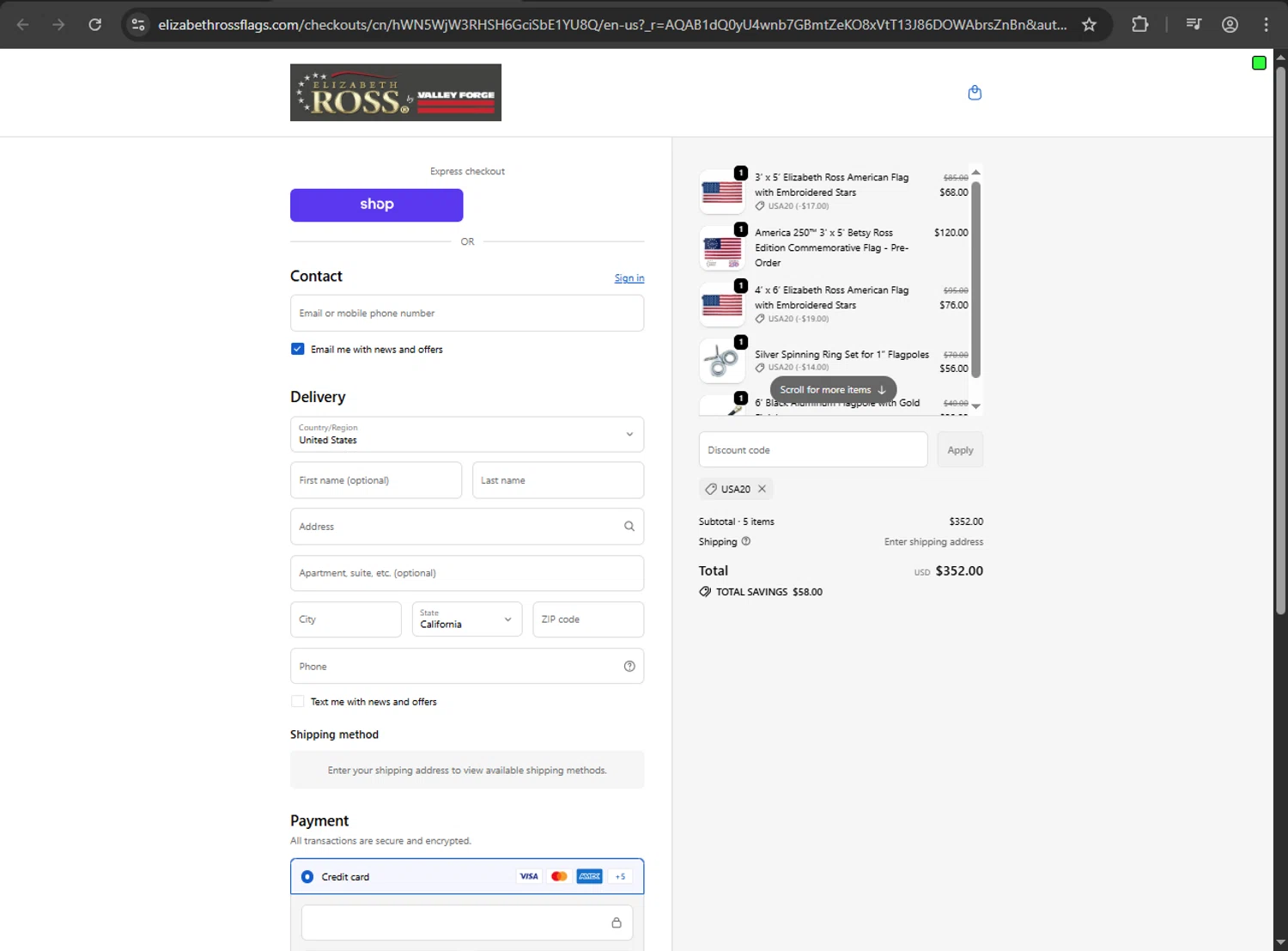 Elizabeth Ross Flags promo code screenshot showing code USA20 applied at Elizabeth Ross Flags checkout page. Uploaded by SimplyCodes community member ShrewdDefender8496 on Nov 20, 2025