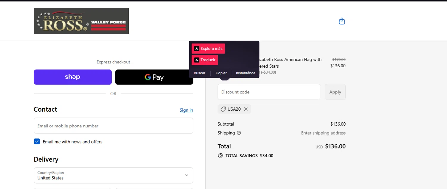 Elizabeth Ross Flags promo code screenshot showing code USA20 applied at Elizabeth Ross Flags checkout page. Uploaded by SimplyCodes community member kurcovein on Dec 24, 2025