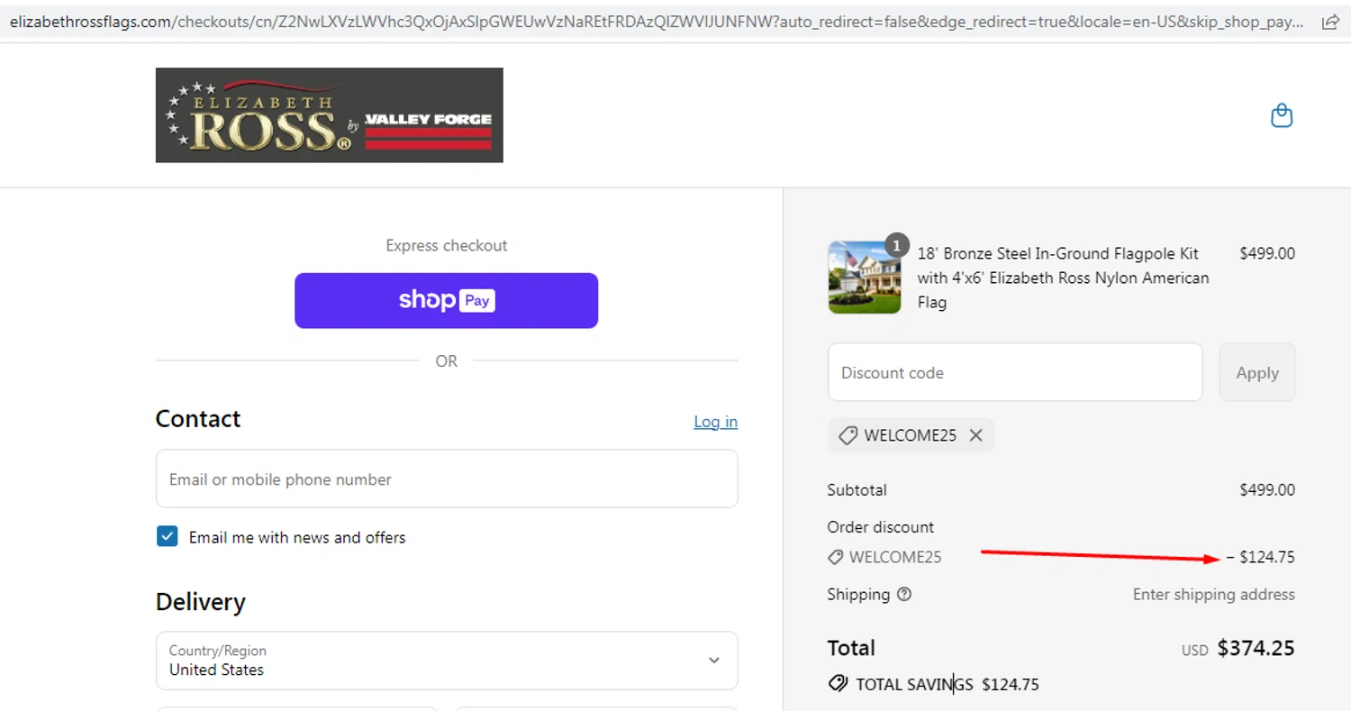 Elizabeth Ross Flags promo code screenshot showing code WELCOME25 applied at Elizabeth Ross Flags checkout page. Uploaded by SimplyCodes community member EMILIANOMASABE on Jul 6, 2025