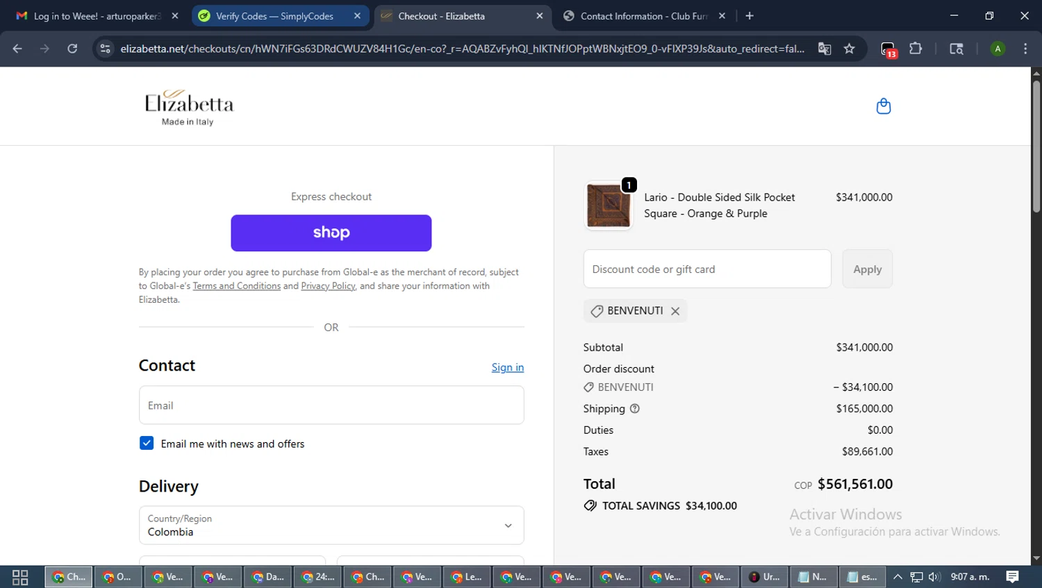 Elizabetta checkout page showing Elizabetta promo code box | Screenshot taken by SimplyCodes community member on Jan 17, 2026