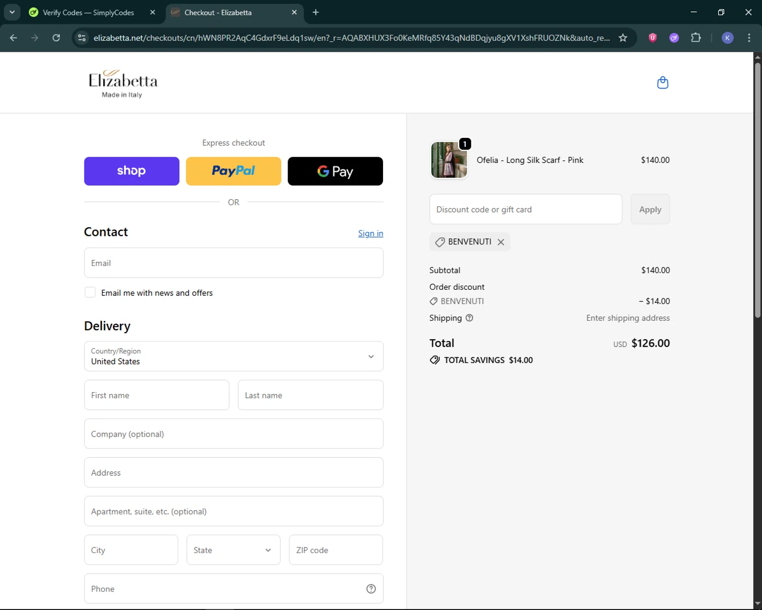 Elizabetta promo code screenshot showing code BENVENUTI applied at Elizabetta checkout page. Uploaded by SimplyCodes community member KevLapage on Feb 4, 2026