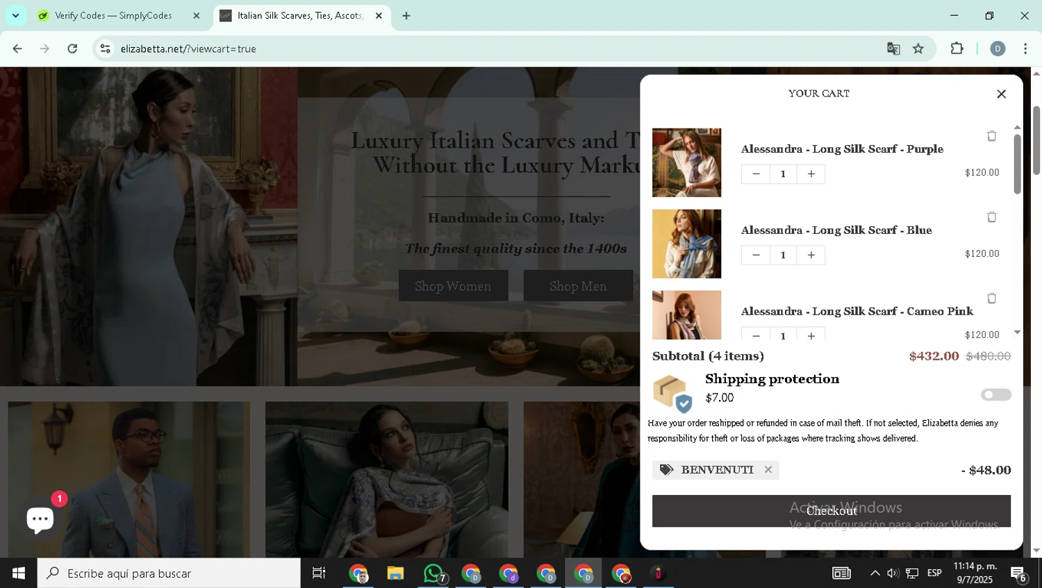 Elizabetta promo code screenshot showing code BENVENUTI applied at Elizabetta checkout page. Uploaded by SimplyCodes community member SavingsHero4493 on Jul 10, 2025