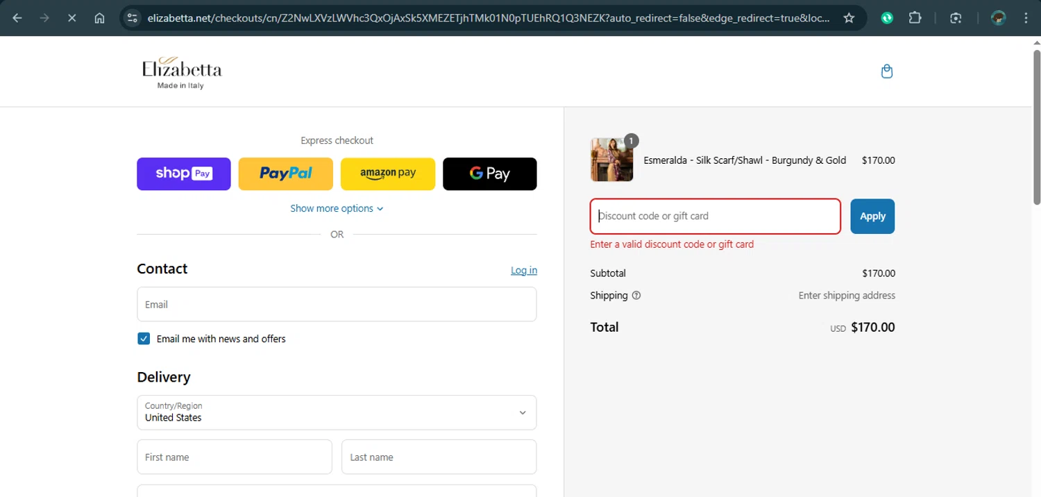 Elizabetta promo code screenshot showing code BLACKFRIDAY2024VIP applied at Elizabetta checkout page. Uploaded by SimplyCodes community member xAngel on Mar 8, 2025