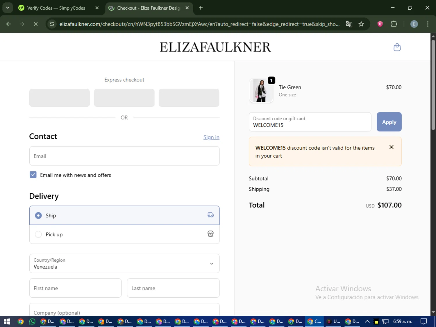 Eliza Faulkner promo code screenshot showing code WELCOME15 applied at Eliza Faulkner checkout page. Uploaded by SimplyCodes community member CleverCurator2558 on Oct 7, 2025