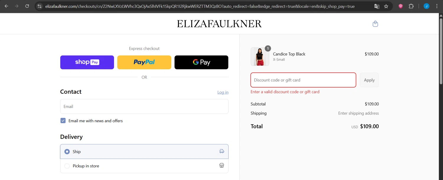 Eliza Faulkner promo code screenshot showing code NIGHTIE20 applied at Eliza Faulkner checkout page. Uploaded by SimplyCodes community member Jeanjc on Jun 12, 2025