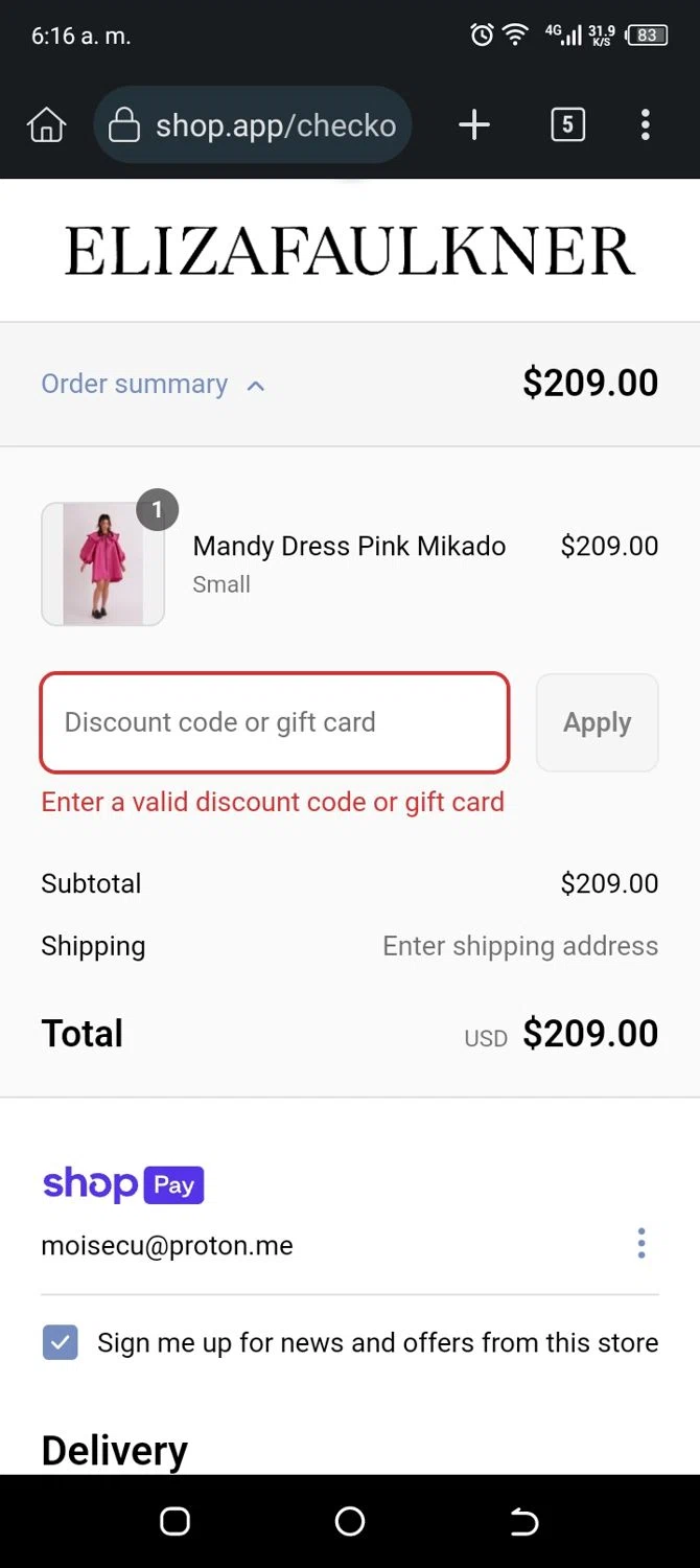 Eliza Faulkner promo code screenshot showing code TREATME applied at Eliza Faulkner checkout page. Uploaded by SimplyCodes community member Mangoverde on Jun 12, 2025