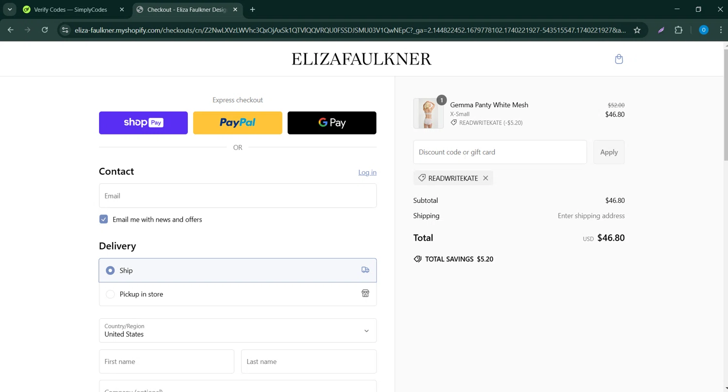 Eliza Faulkner promo code screenshot showing code Readwritekate applied at Eliza Faulkner checkout page. Uploaded by SimplyCodes community member GoldChaser6627 on Feb 22, 2025