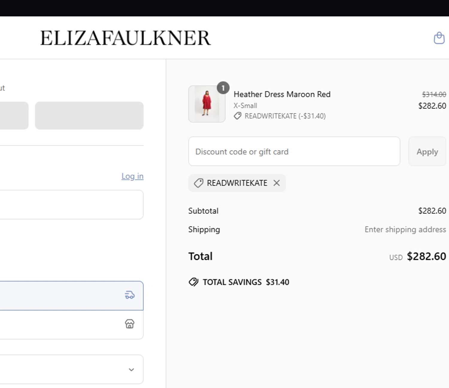 Eliza Faulkner promo code screenshot showing code Readwritekate applied at Eliza Faulkner checkout page. Uploaded by SimplyCodes community member sneedwilliam478 on Apr 20, 2025