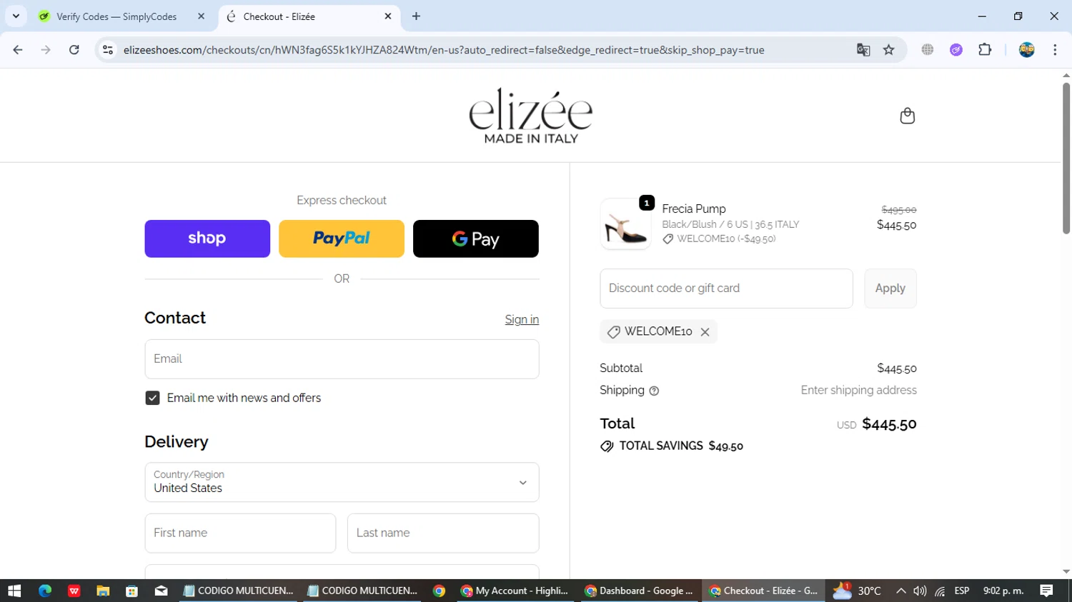 Elizee Shoes promo code screenshot showing code WELCOME10 applied at Elizee Shoes checkout page. Uploaded by SimplyCodes community member EpicTracker8800 on Oct 3, 2025