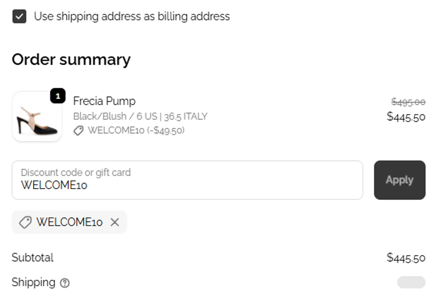 Elizee Shoes promo code screenshot showing code WELCOME10 applied at Elizee Shoes checkout page. Uploaded by SimplyCodes community member Firmino on Sep 24, 2025