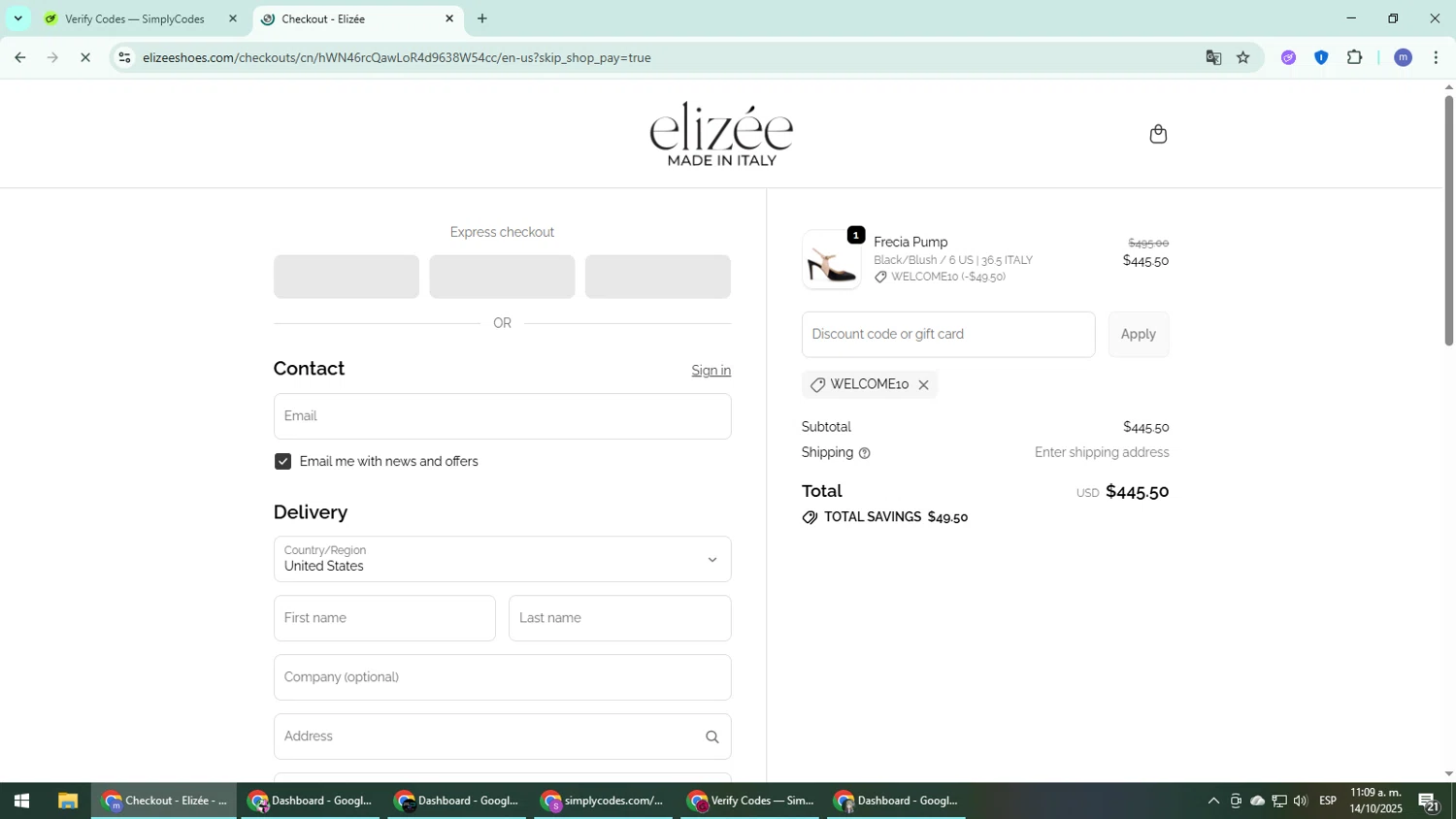 Elizee Shoes promo code screenshot showing code WELCOME10 applied at Elizee Shoes checkout page. Uploaded by SimplyCodes community member QuestDefender2661 on Oct 14, 2025