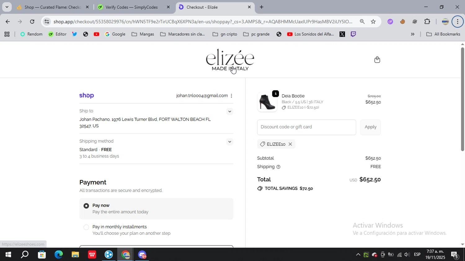 Elizee Shoes promo code screenshot showing code ELIZEE10 applied at Elizee Shoes checkout page. Uploaded by SimplyCodes community member FrugalSage5401 on Nov 19, 2025