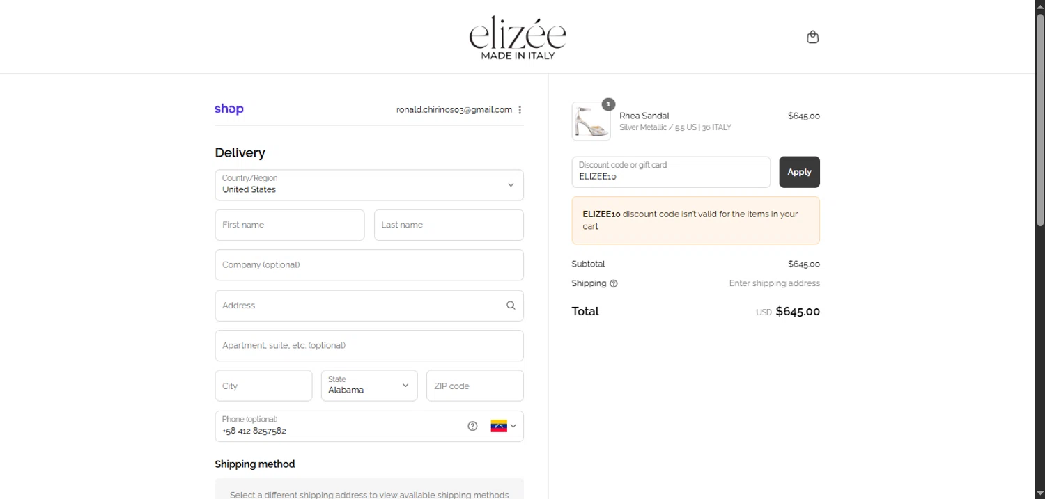 Elizee Shoes promo code screenshot showing code ELIZEE10 applied at Elizee Shoes checkout page. Uploaded by SimplyCodes community member davisams on Sep 8, 2025