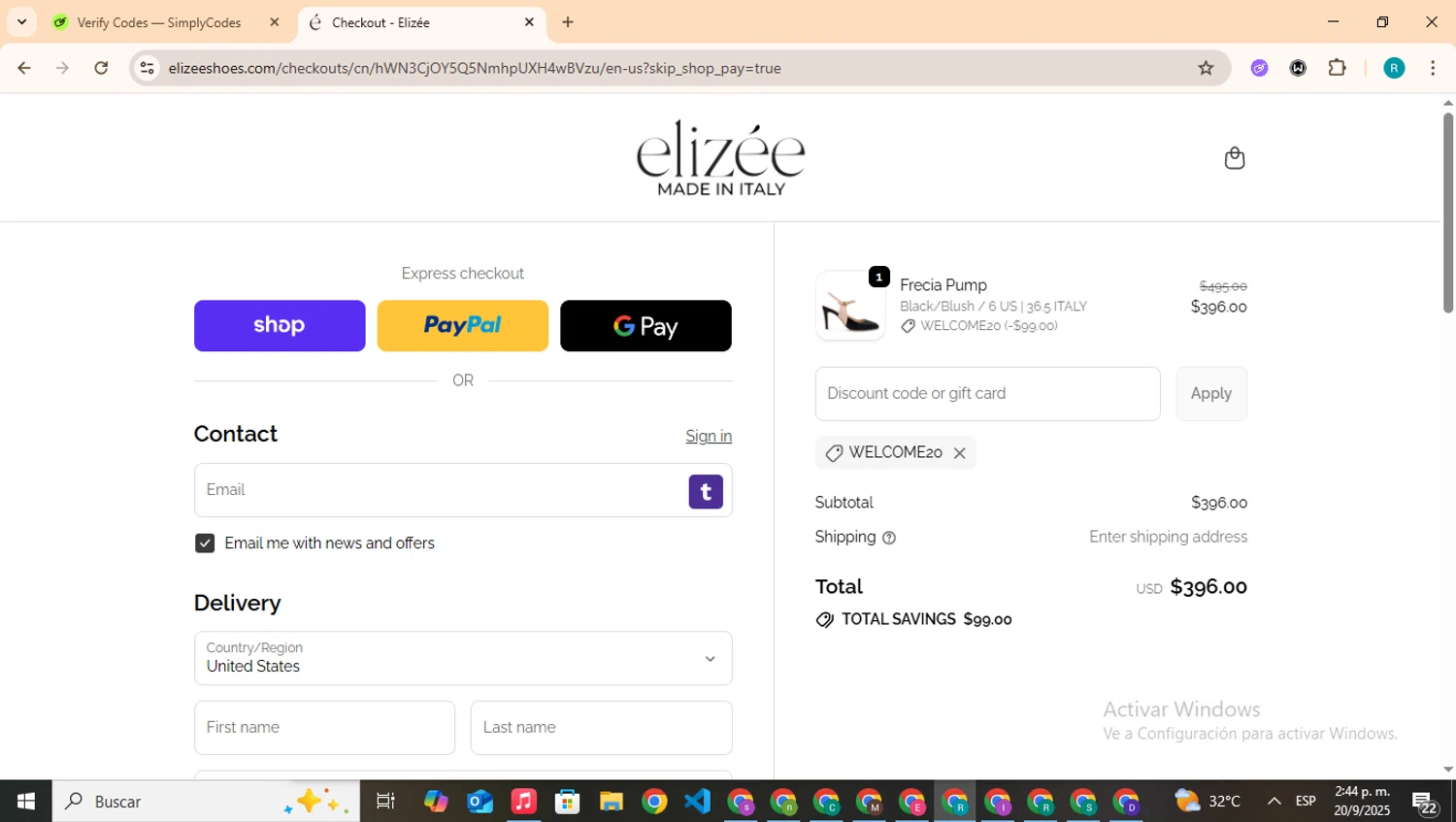 Elizee Shoes promo code screenshot showing code WELCOME20 applied at Elizee Shoes checkout page. Uploaded by SimplyCodes community member BudgetHero4407 on Sep 20, 2025