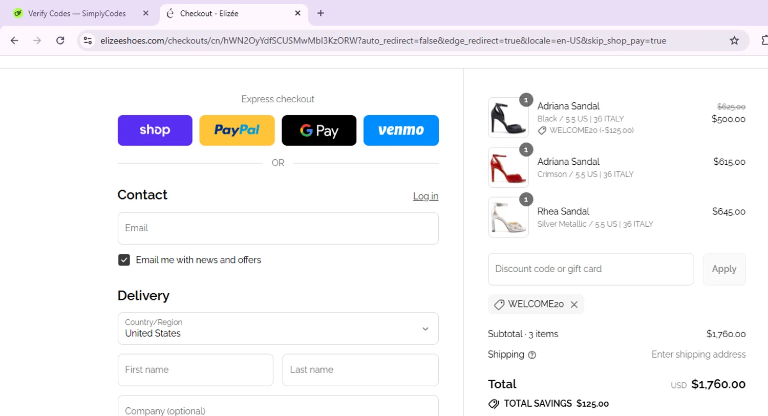 Elizee Shoes promo code screenshot showing code WELCOME20 applied at Elizee Shoes checkout page. Uploaded by SimplyCodes community member Morketools on Aug 30, 2025