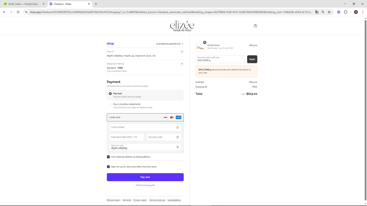 Elizee Shoes promo code screenshot showing code WELCOME15 applied at Elizee Shoes checkout page. Uploaded by SimplyCodes community member KTMCRF on Sep 8, 2025