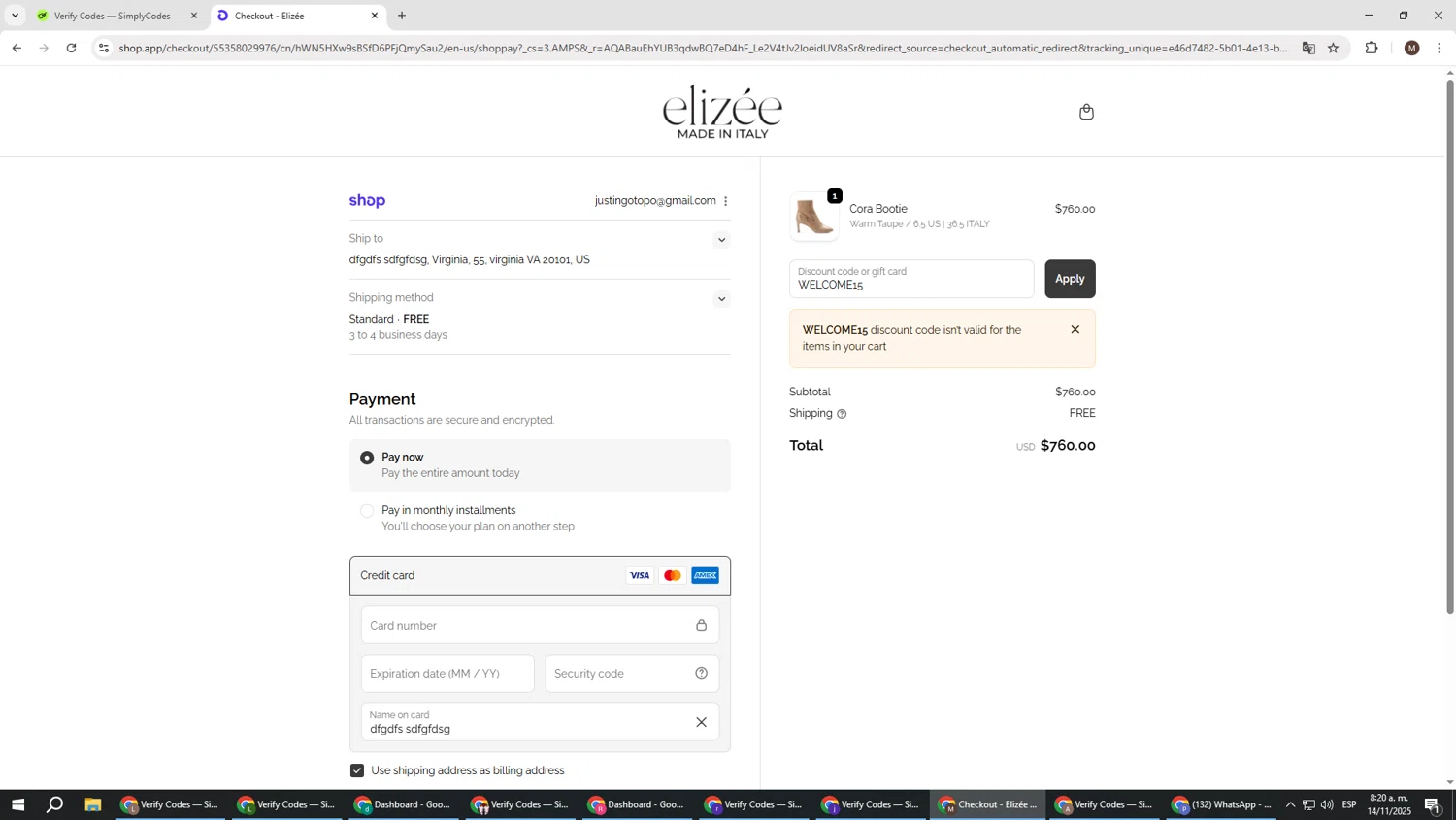 Elizee Shoes promo code screenshot showing code WELCOME15 applied at Elizee Shoes checkout page. Uploaded by SimplyCodes community member KTMCRF on Nov 14, 2025