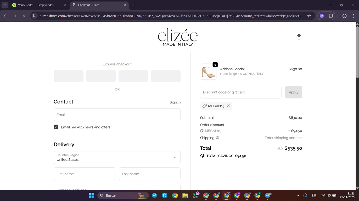 Elizee Shoes promo code screenshot showing code Megan15 applied at Elizee Shoes checkout page. Uploaded by SimplyCodes community member Puppet on Nov 29, 2025