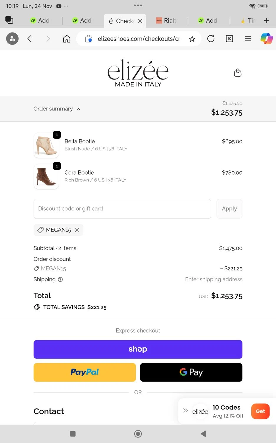 Elizee Shoes promo code screenshot showing code Megan15 applied at Elizee Shoes checkout page. Uploaded by SimplyCodes community member KarinaHZ on Nov 24, 2025