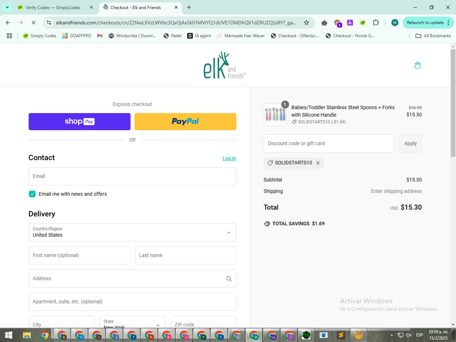 Elk and Friends discount code screenshot showing code SOLIDSTARTS10 applied at Elk and Friends checkout page. Uploaded by SimplyCodes community member BudgetWizard5987 on Feb 15, 2025
