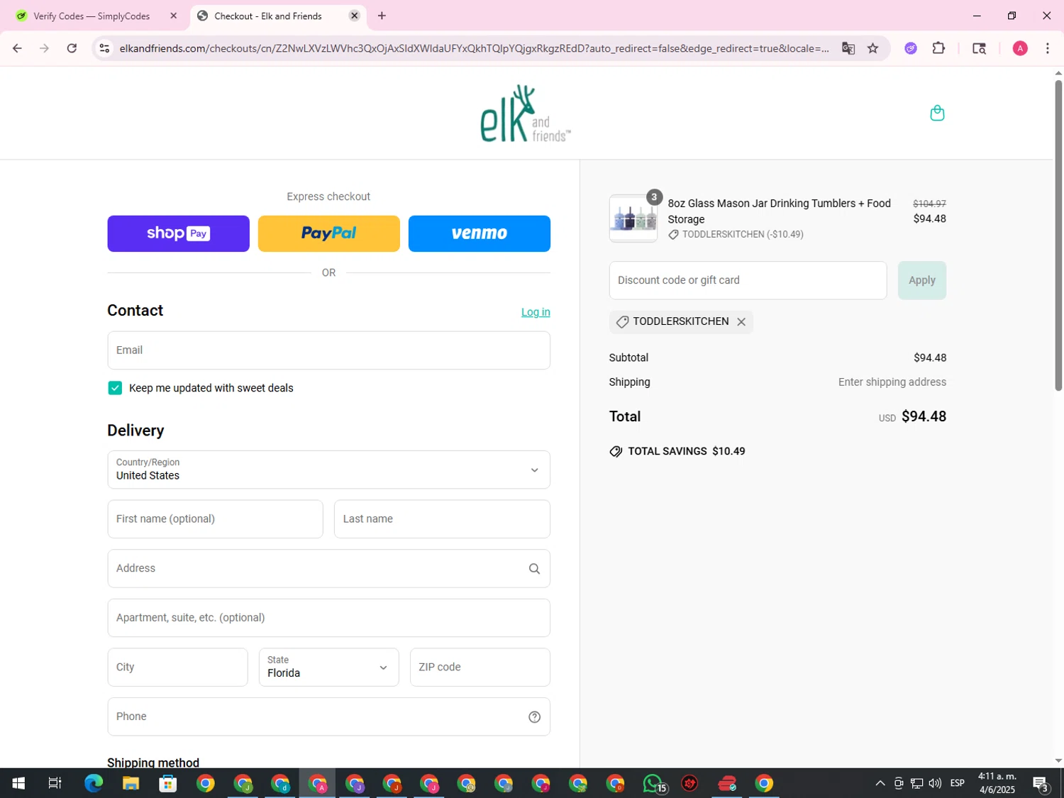 Elk and Friends discount code screenshot showing code toddlerskitchen applied at Elk and Friends checkout page. Uploaded by SimplyCodes community member CrownHawk3462 on Jun 4, 2025