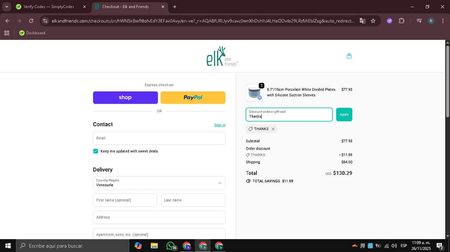 Elk and Friends discount code screenshot showing code Thanks applied at Elk and Friends checkout page. Uploaded by SimplyCodes community member DealHawk3765 on Nov 26, 2025