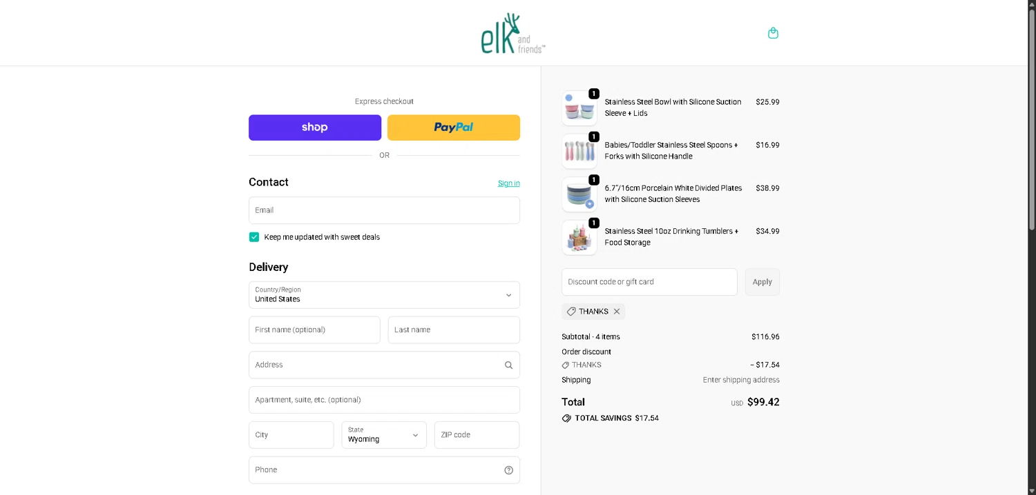 Elk and Friends discount code screenshot showing code Thanks applied at Elk and Friends checkout page. Uploaded by SimplyCodes community member ExtraordinaryMaven3628 on Dec 28, 2025