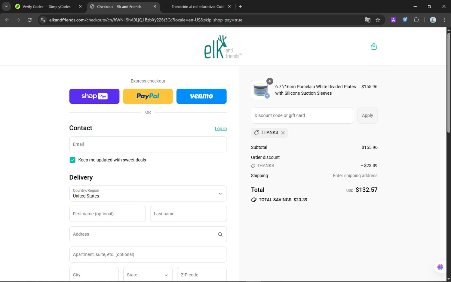 Elk and Friends discount code screenshot showing code Thanks applied at Elk and Friends checkout page. Uploaded by SimplyCodes community member NobleScholar188 on Jul 28, 2025