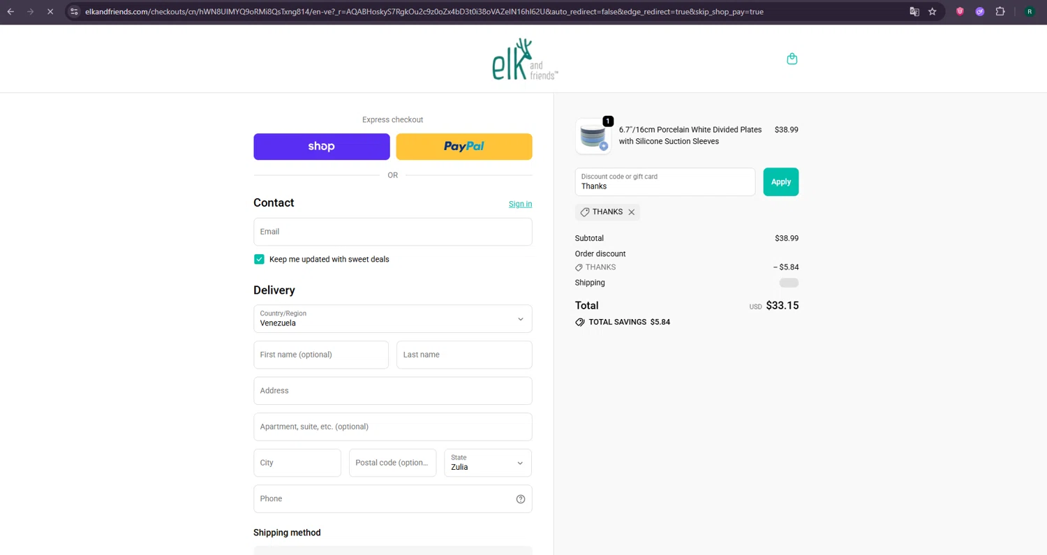 Elk and Friends checkout page showing Elk and Friends discount code box | Screenshot taken by SimplyCodes community member on Feb 6, 2026
