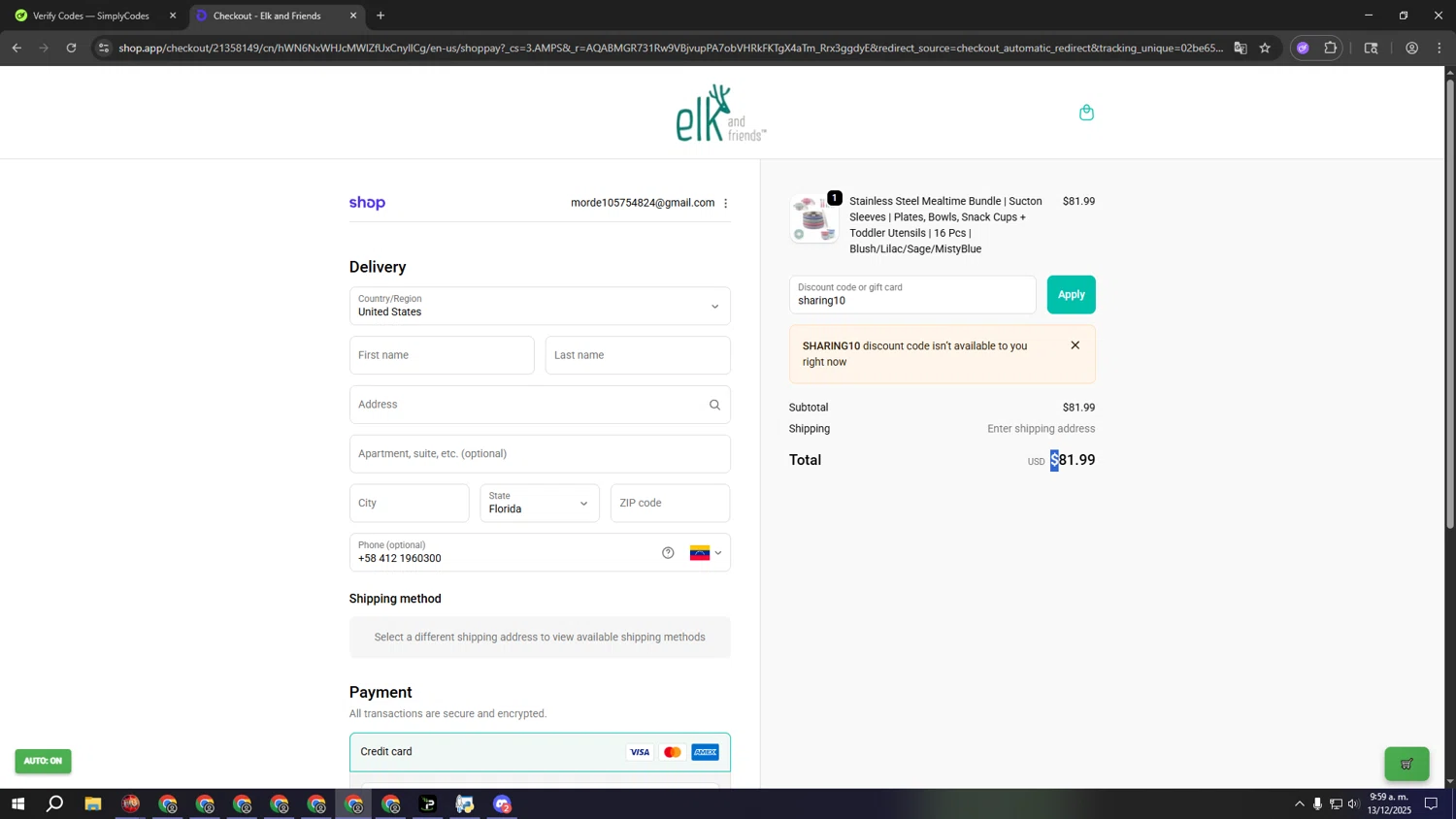 Elk and Friends discount code screenshot showing code sharing10 applied at Elk and Friends checkout page. Uploaded by SimplyCodes community member fffffffffffffffffff on Dec 13, 2025