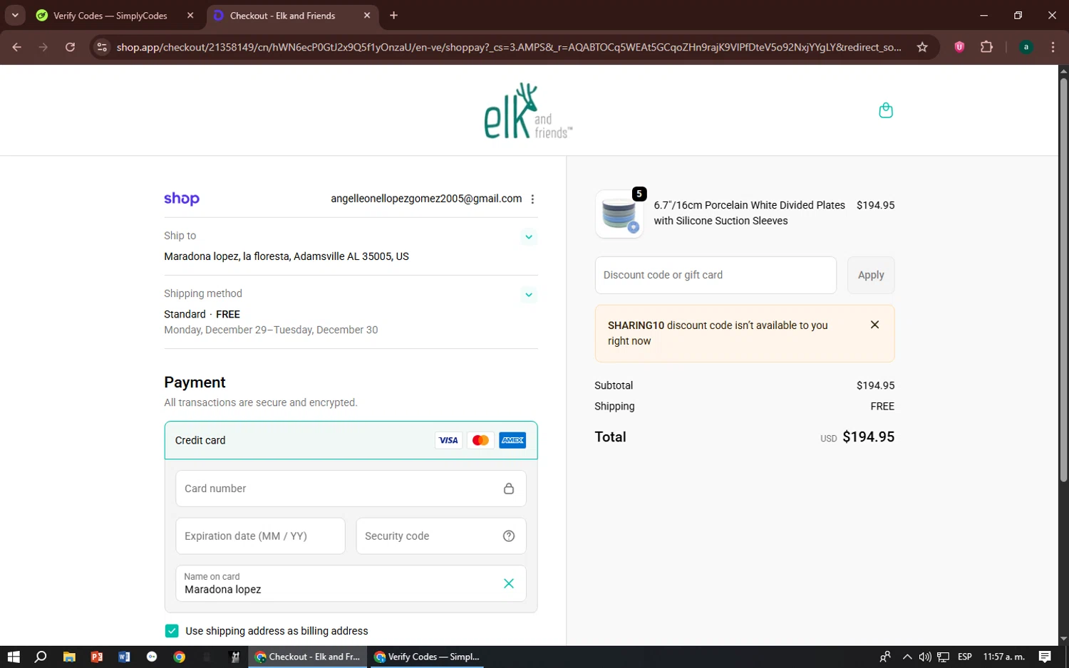 Elk and Friends discount code screenshot showing code sharing10 applied at Elk and Friends checkout page. Uploaded by SimplyCodes community member zizu55 on Dec 20, 2025