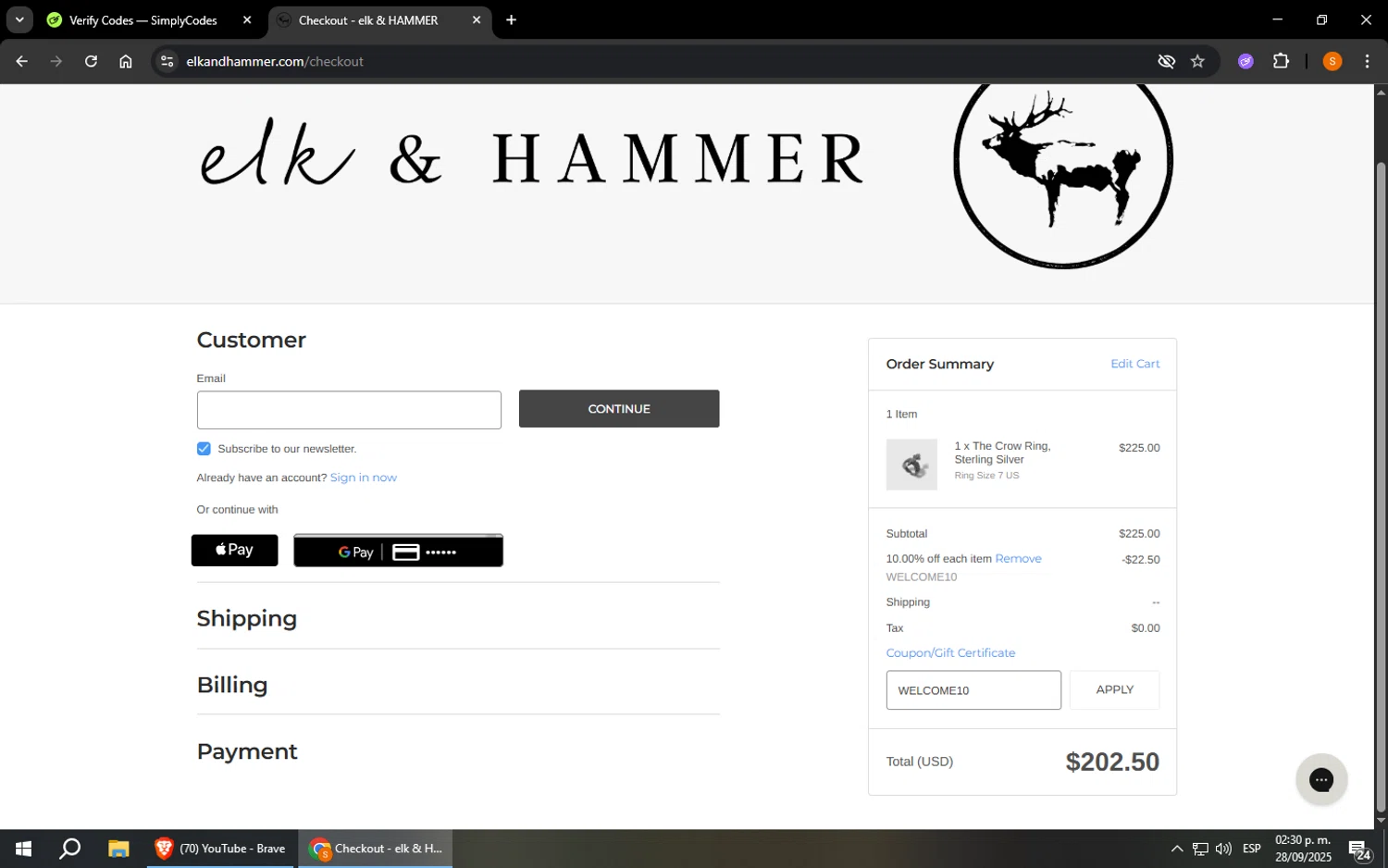 elk & HAMMER promo code screenshot showing code WELCOME10 applied at elk & HAMMER checkout page. Uploaded by SimplyCodes community member StevenZarraga on Sep 28, 2025