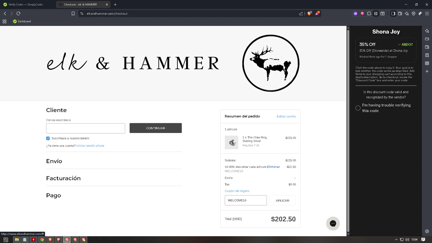 elk & HAMMER promo code screenshot showing code WELCOME10 applied at elk & HAMMER checkout page. Uploaded by SimplyCodes community member WiseMaven8994 on Sep 28, 2025