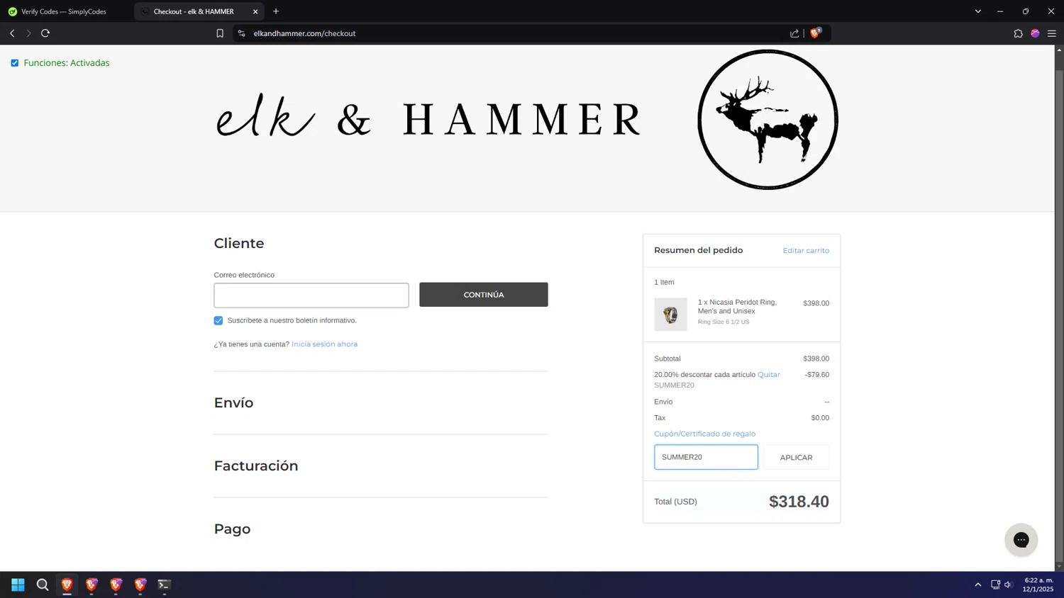 elk & HAMMER promo code screenshot showing code SUMMER20 applied at elk & HAMMER checkout page. Uploaded by SimplyCodes community member HUMANIZER on Jan 12, 2025