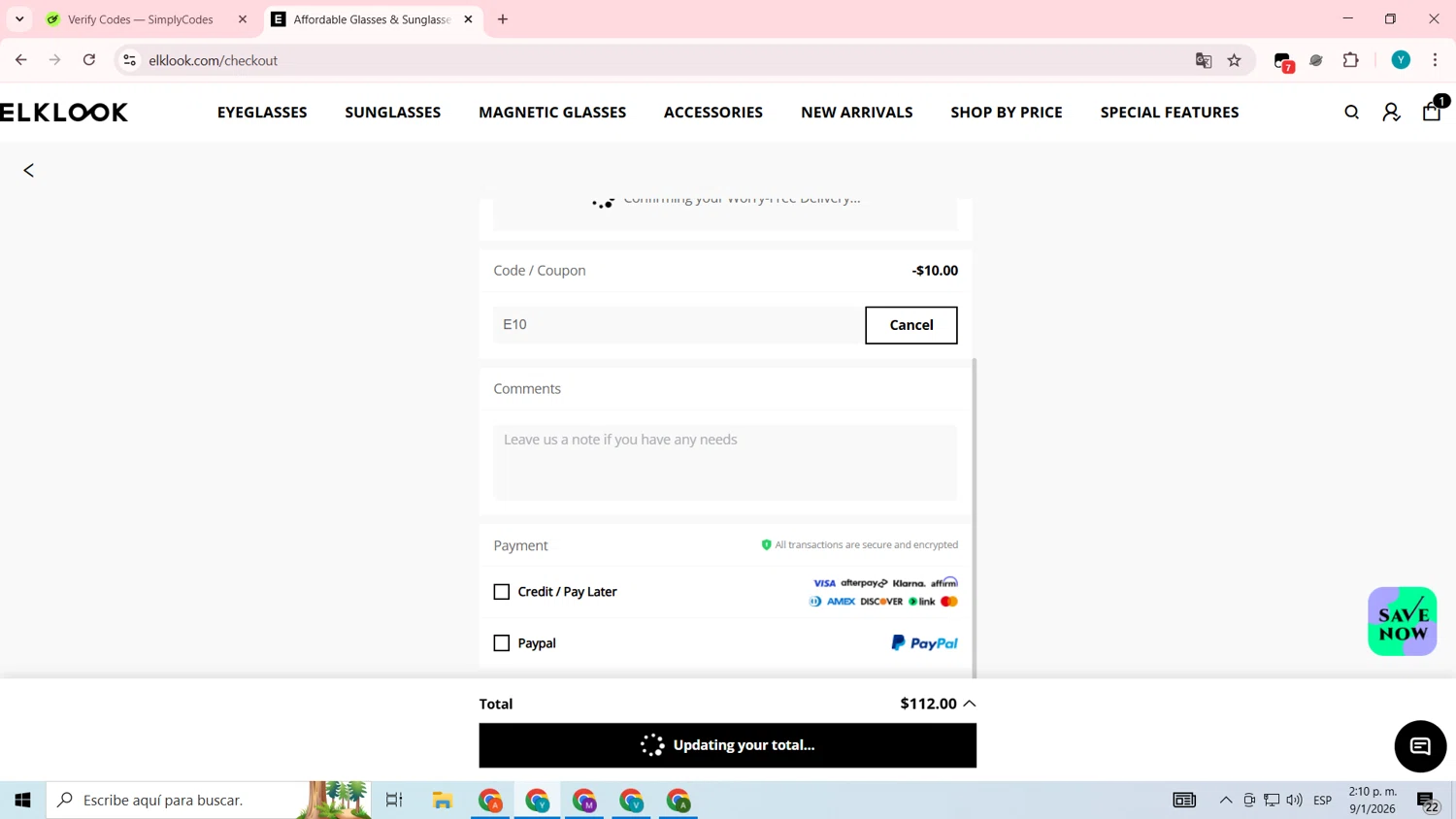Elklook checkout page showing Elklook coupon code box | Screenshot taken by SimplyCodes community member on Jan 9, 2026