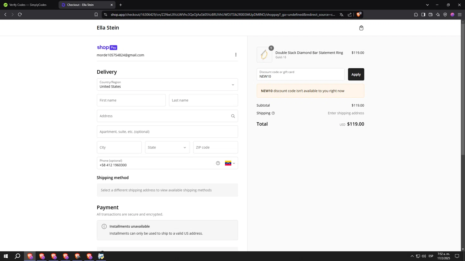 EllaStein promo code screenshot showing code NEW10 applied at EllaStein checkout page. Uploaded by SimplyCodes community member aaaaaaaaaaaaaaaaaaaaa on Feb 17, 2025