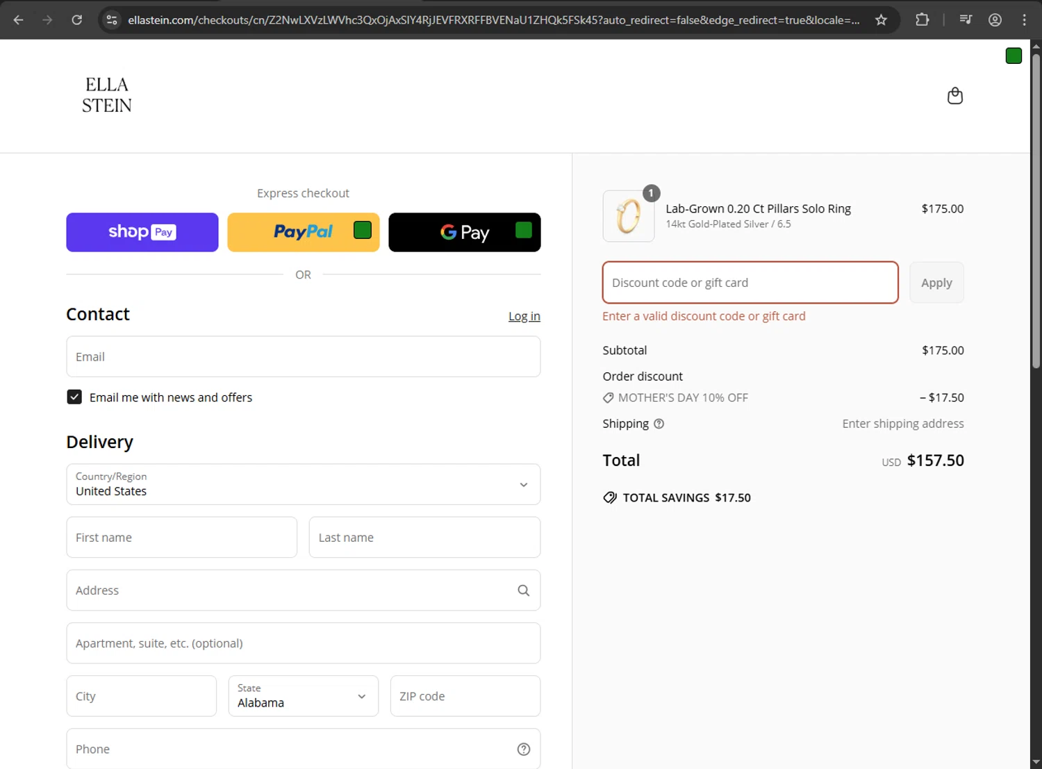 EllaStein promo code screenshot showing code ELLA25 applied at EllaStein checkout page. Uploaded by SimplyCodes community member MAHORAGA on May 14, 2025